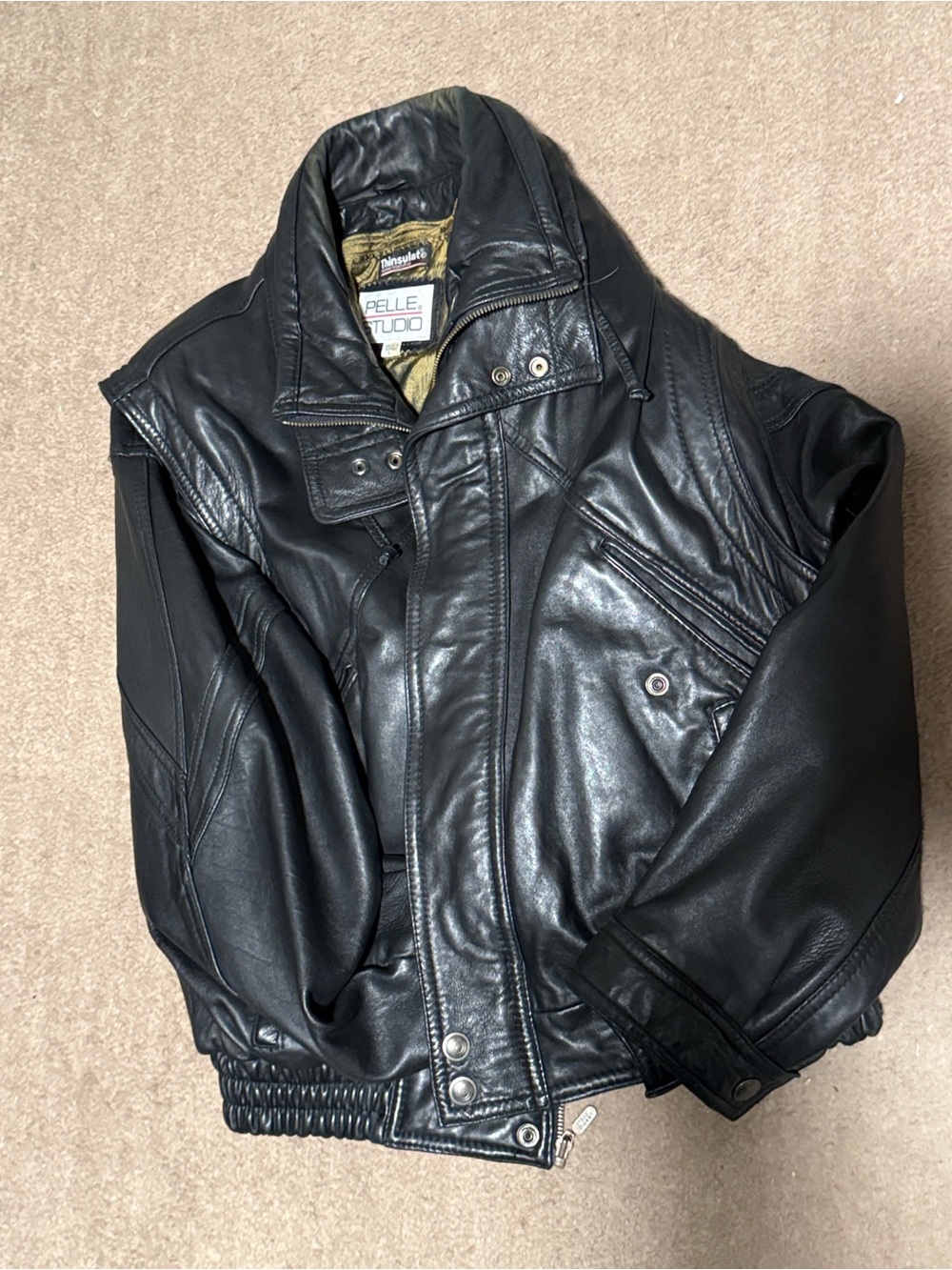 Pelle Studio Black Bomber Jacket with Gold Lining and Red Trim